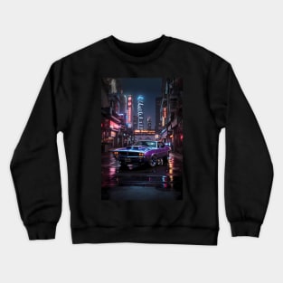 Classic muscle car in a cyberpunk neon city Crewneck Sweatshirt